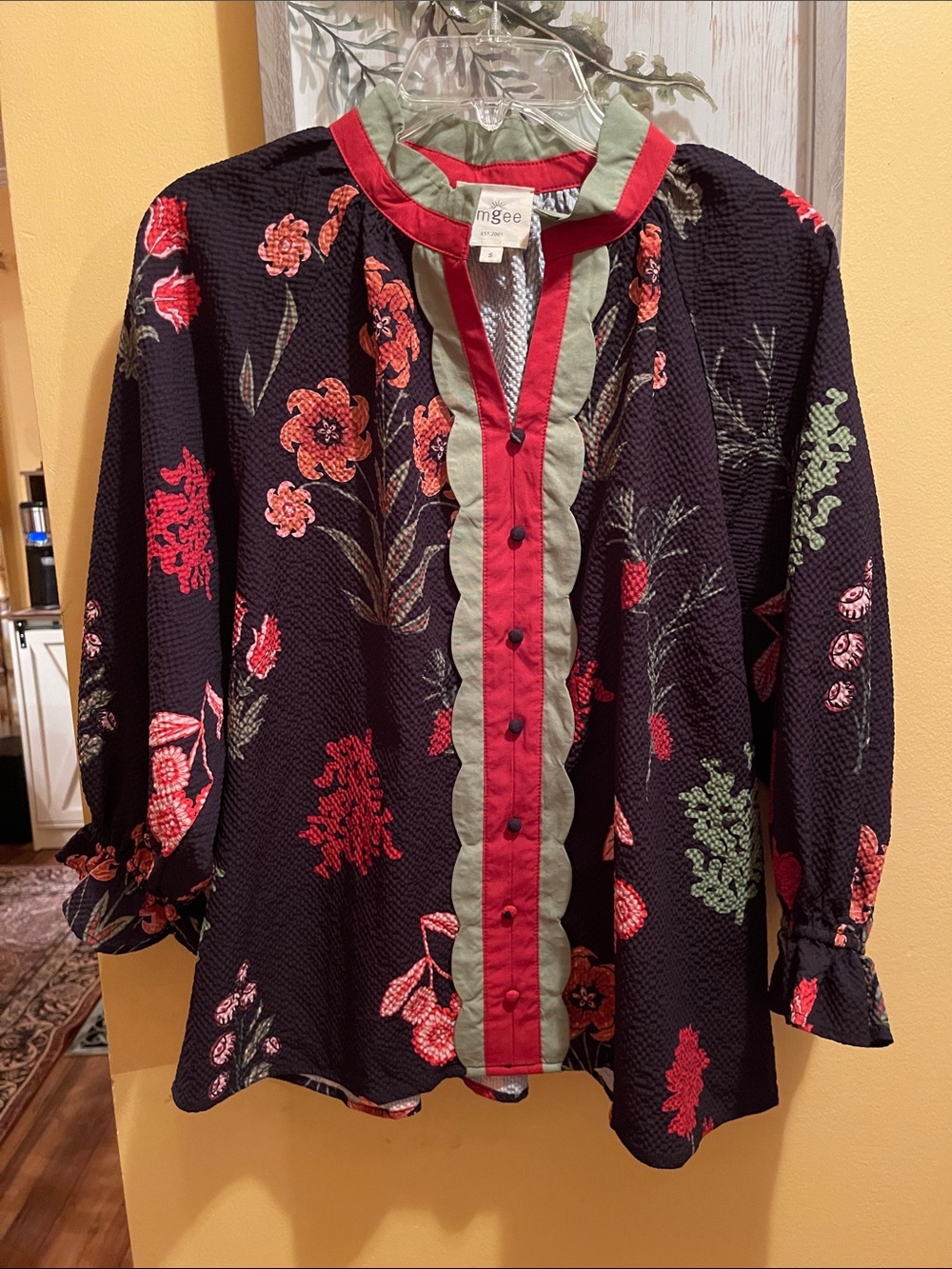Umgee Black Floral Button-Down Blouse with Red & Green Trim